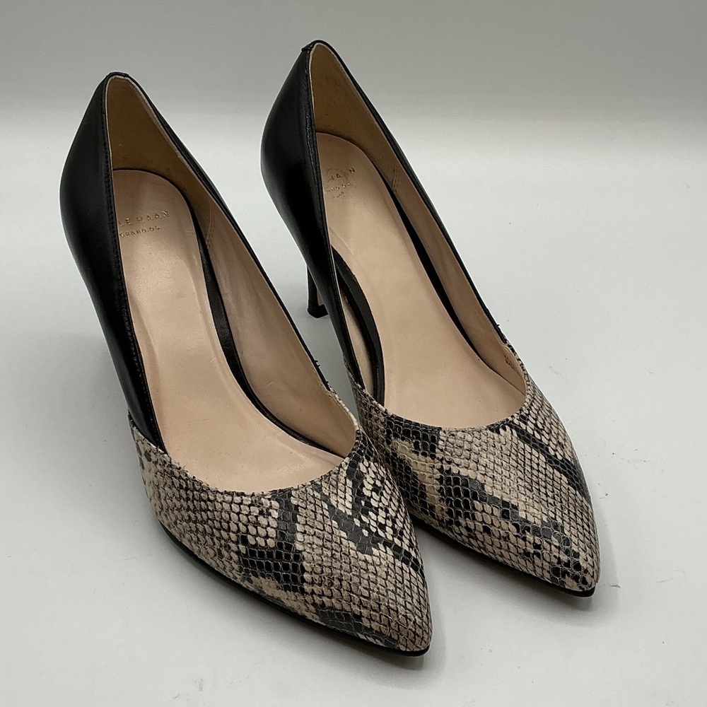 Cole Haan Black Leather and Snakeskin Pointed-Toe Heels